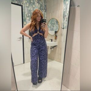 Free People Purple Patterned Cutout Wide-Leg Jumpsuit